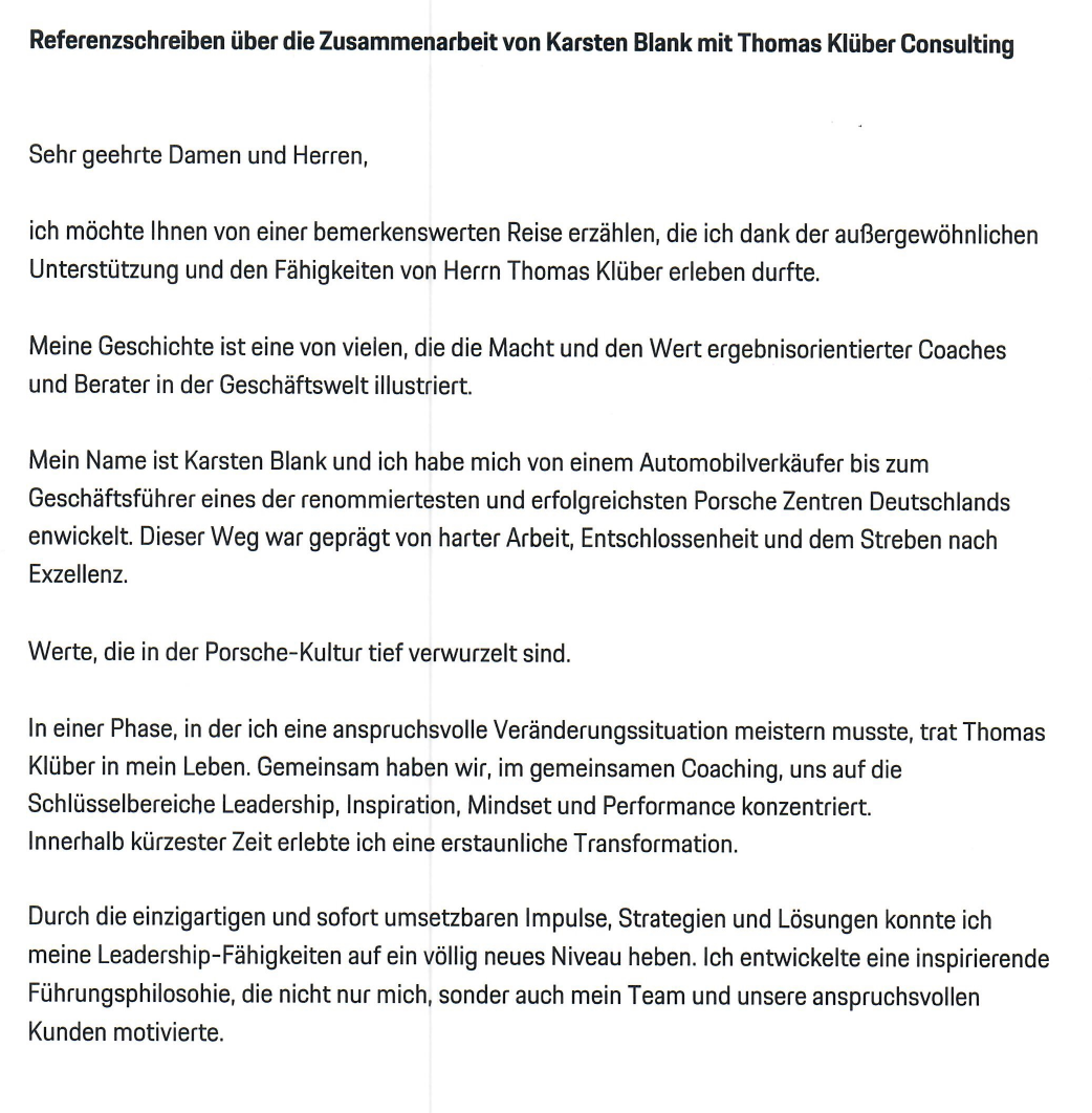 Auszug aus dem Referenzschreiben des Porsche Zentrums Fulda über die Zusammenarbeit mit Thomas Klüber, Seite 1