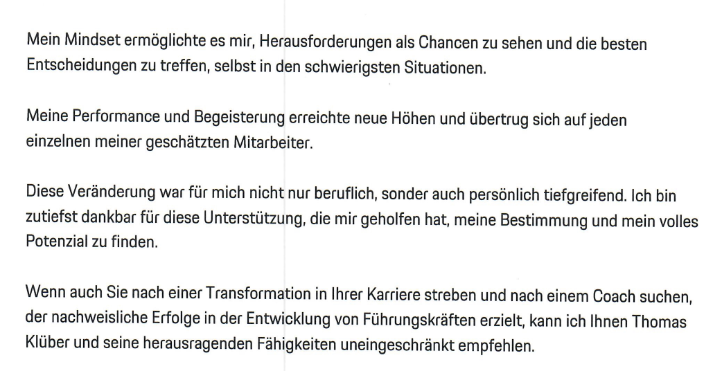 Auszug aus dem Referenzschreiben des Porsche Zentrums Fulda, Schlussabsatz mit uneingeschränkter Empfehlung